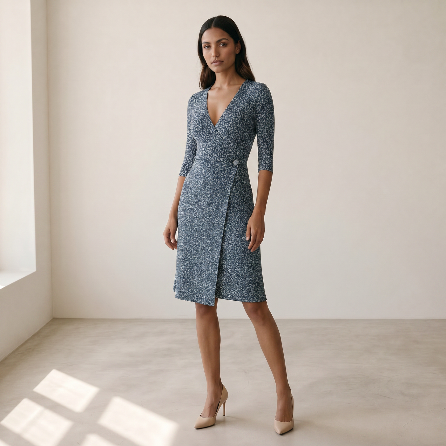 Women’s Dress Wrap V-Neck Floral - 02 blue model side