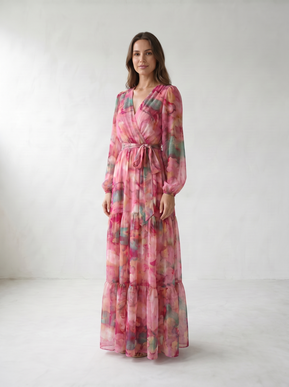 Isadora Watercolor Floral Wrap Maxi Dress - model 03_model_three_quarter_pose_rose-red
