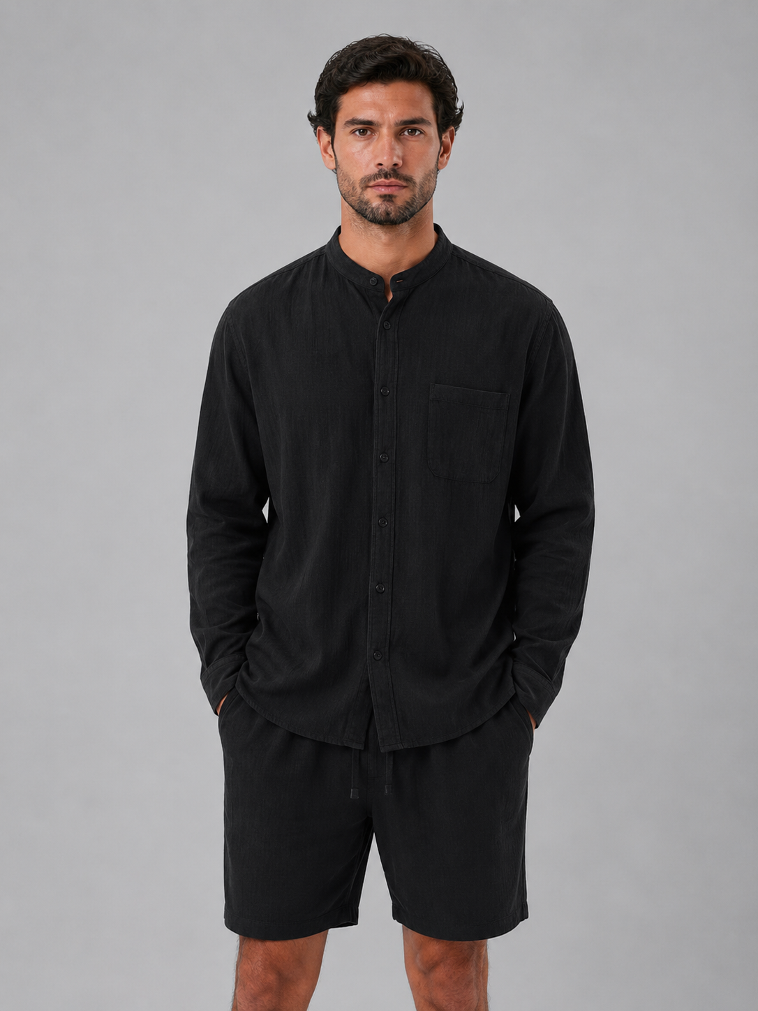 Men's Linen Look Band Collar Shirt & Shorts Set – Relaxed Summer Co-Ord