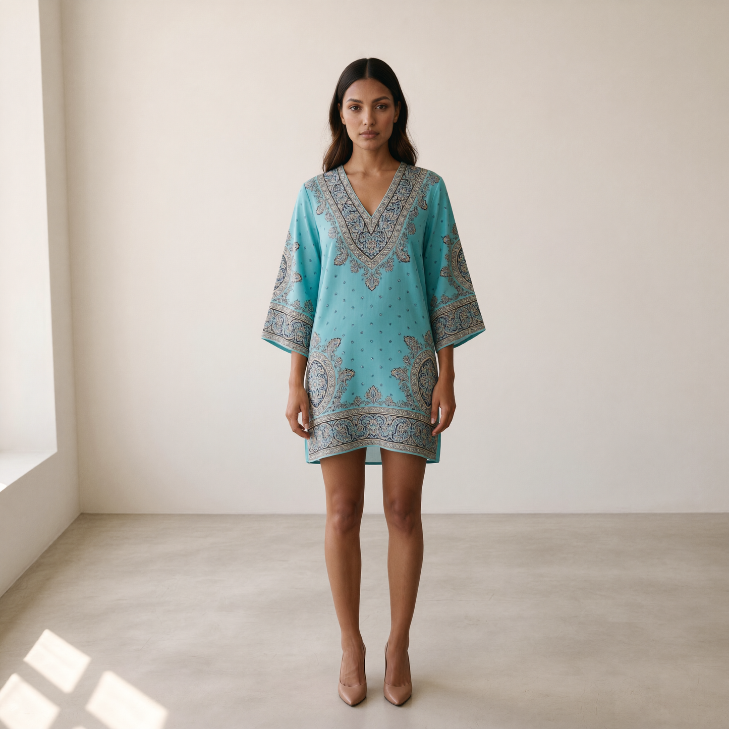Sienna V-Neck Three-Quarter Sleeve Tunic Dress