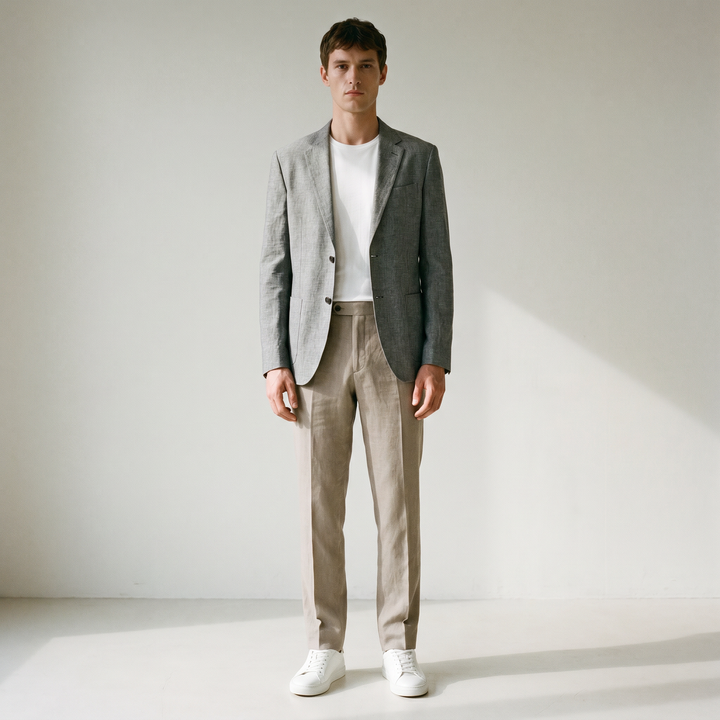 Sundrel Dino Single-Breasted Cotton-Linen Blazer - 01 model front gray