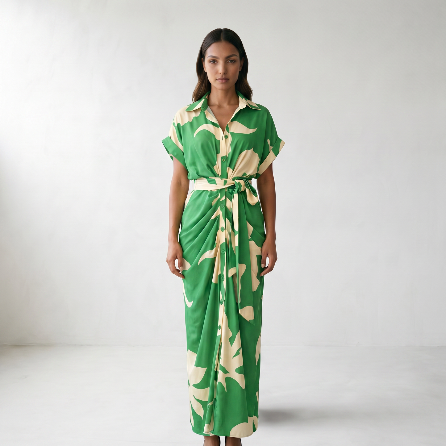 Addison Belted Abstract Maxi Shirt Dress