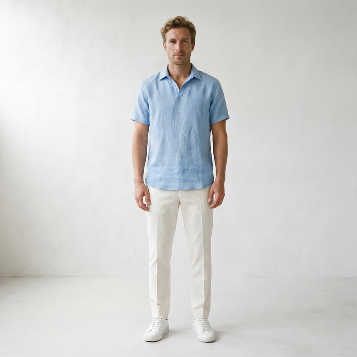 Sundrel Cedric Breathable Linen Polo Shirt - 01 model front light-blue