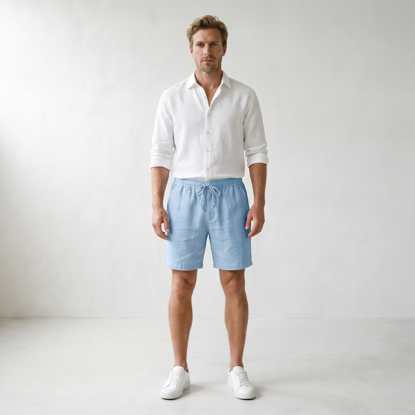 Sundrel Embry Linen Drawstring Shorts - 01 model front light-blue