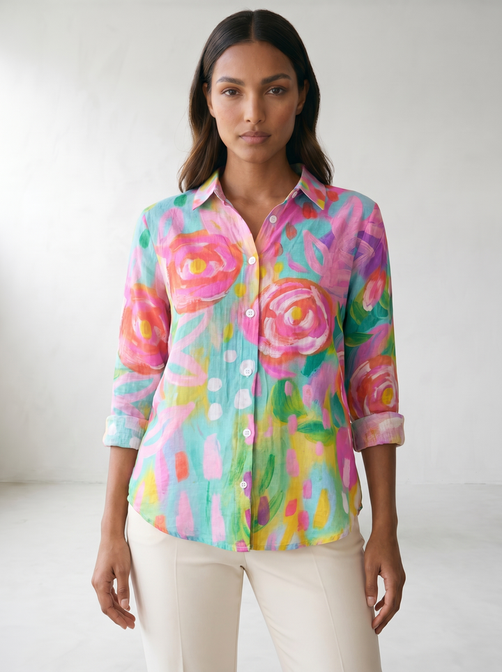 Terri Printed Button-Up Blouse - model 01_model_front_master_pink