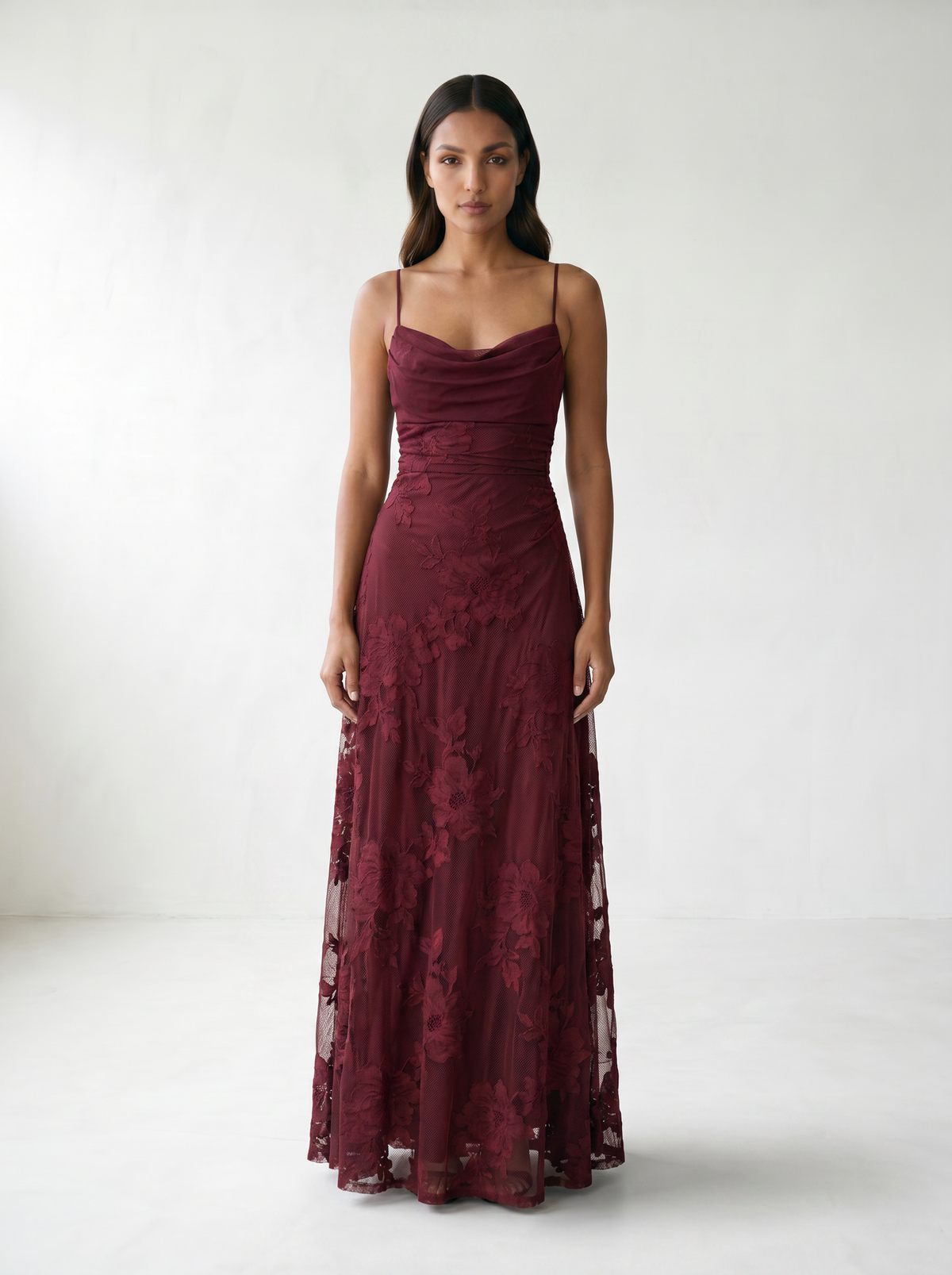 Rosalina Lace Cowl Neck Maxi Dress - model 01_model_front_master_red