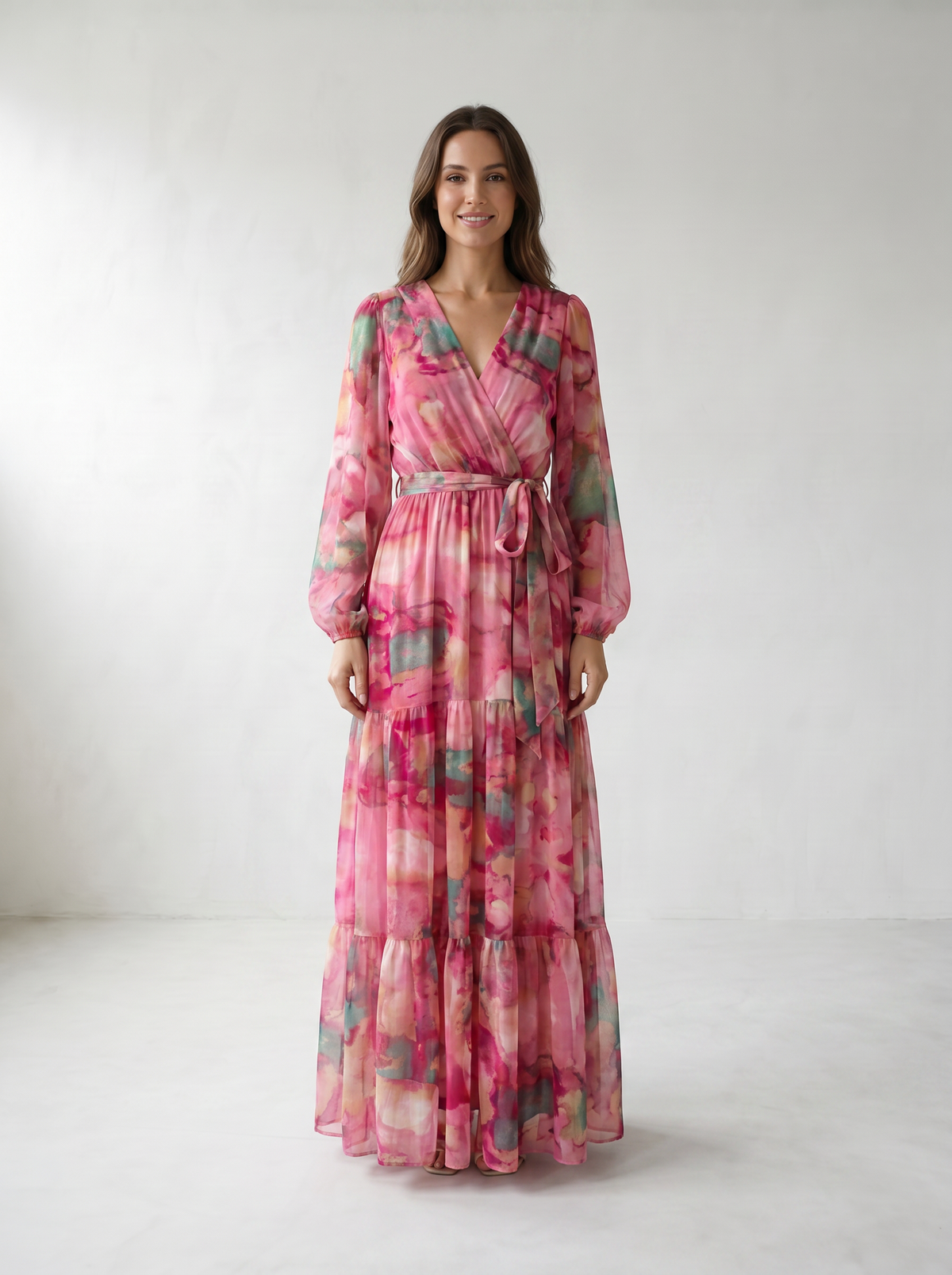 Isadora Watercolor Floral Wrap Maxi Dress - model 01_model_front_master_rose-red