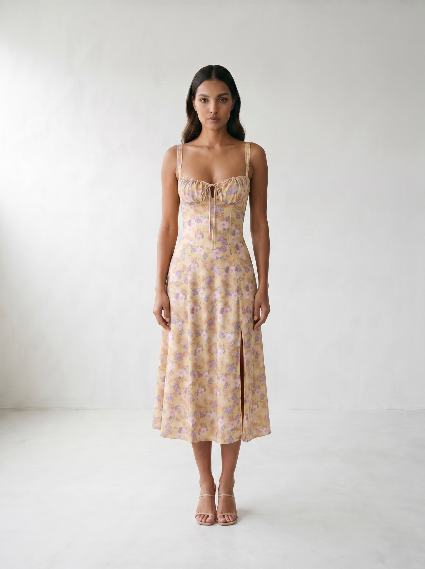 Valentina Floral Corsage Slit Midi Dress - model 01_model_front_master_yellow