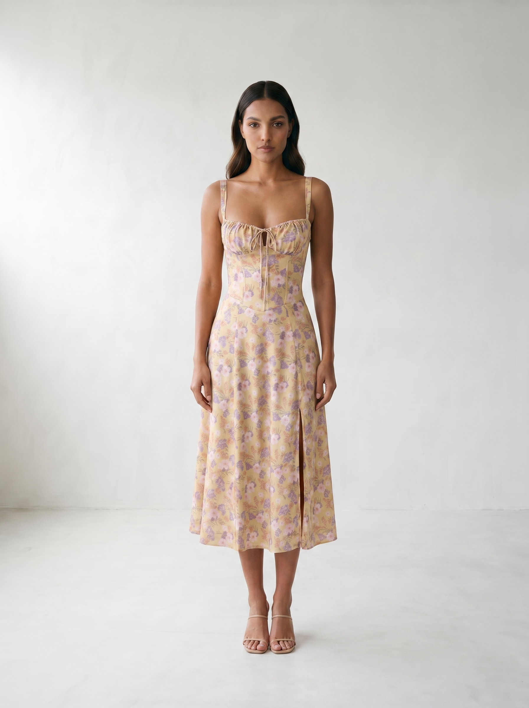 Valentina Floral Corsage Slit Midi Dress - model 01_model_front_master_yellow