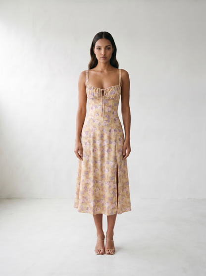 Valentina Floral Corsage Slit Midi Dress - model 01_model_front_master_yellow