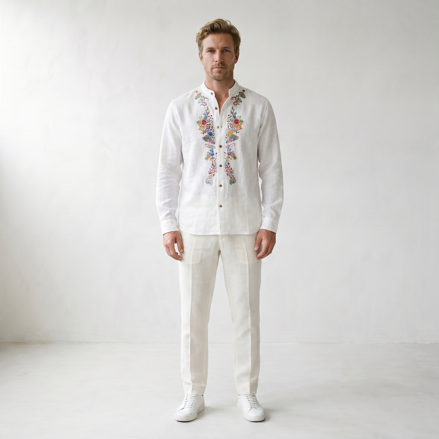 Sundrel Robert Embroidered Grandad Collar Linen Shirt - 01 model front white