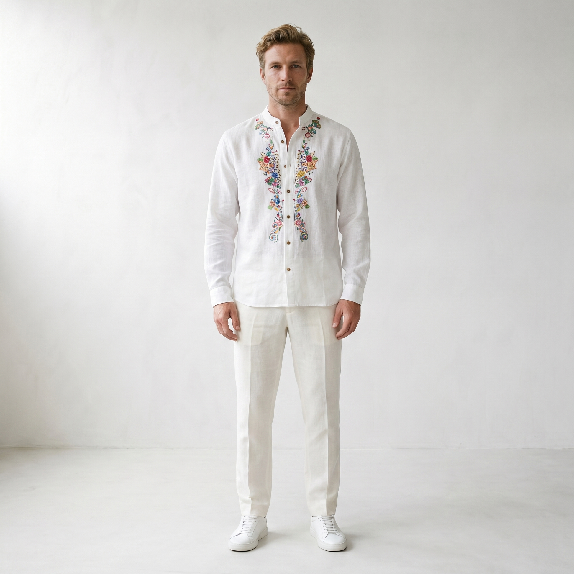 Sundrel Robert Embroidered Grandad Collar Linen Shirt - 01 model front white