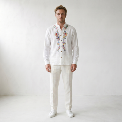 Sundrel Robert Embroidered Grandad Collar Linen Shirt - 01 model front white