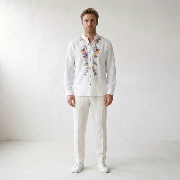 Sundrel Robert Embroidered Grandad Collar Linen Shirt - 01 model front white