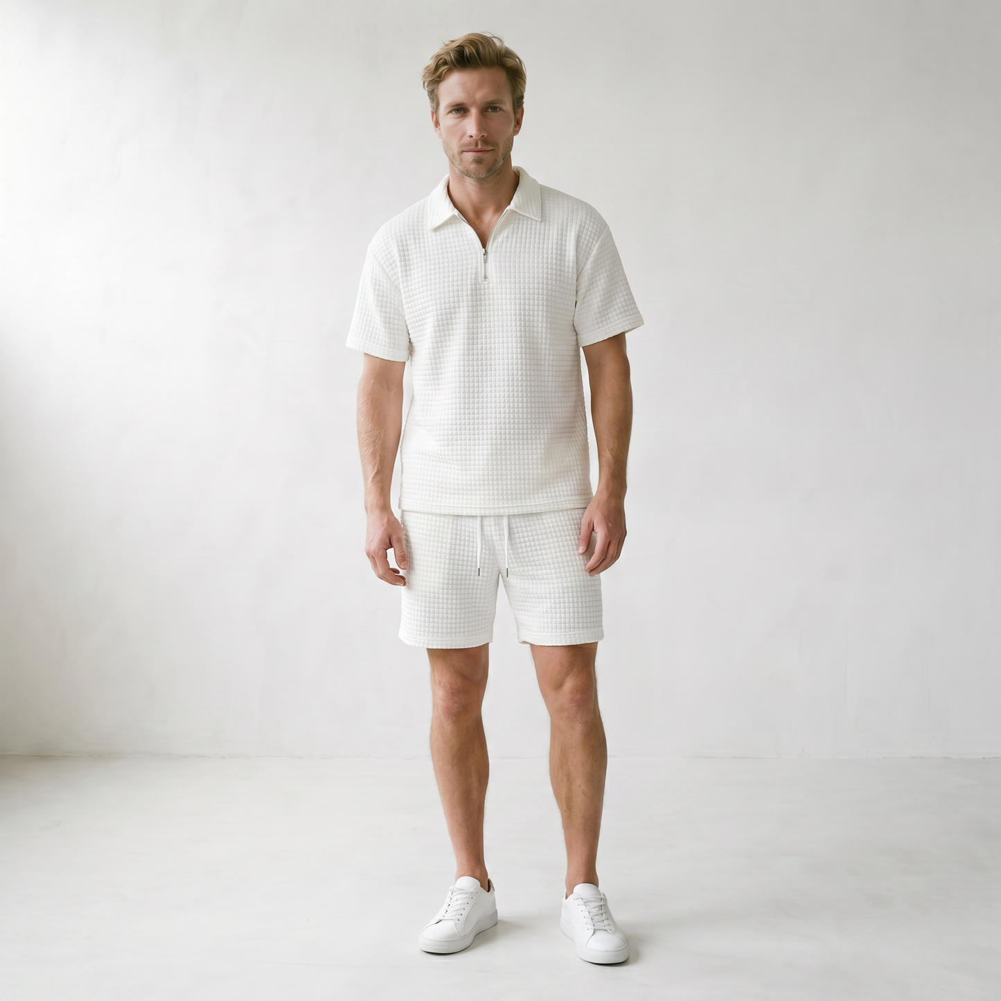 Sundrel Gerald Half-Zip Polo Shorts Set - 01 model front white