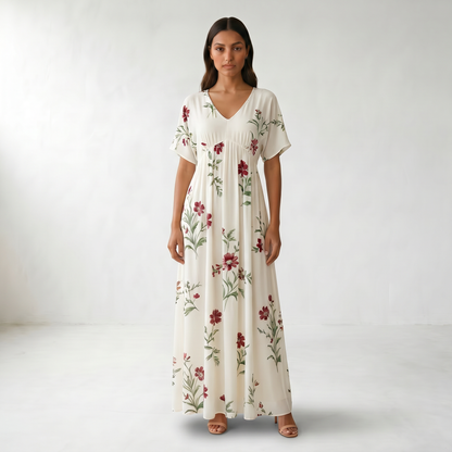 Floral V-Neck Maxi Summer Dress - Main front model view - White