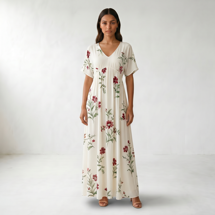 Floral V-Neck Maxi Summer Dress - Main front model view - White