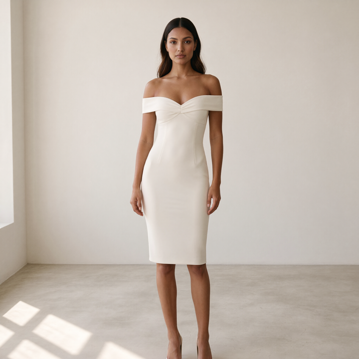 Amara Ivory Off-Shoulder Fitted Dress — White