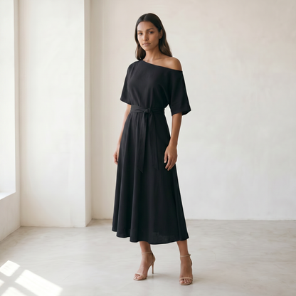 Women’s Midi Dress Off-Shoulder A-line - 02 black model 3quarter