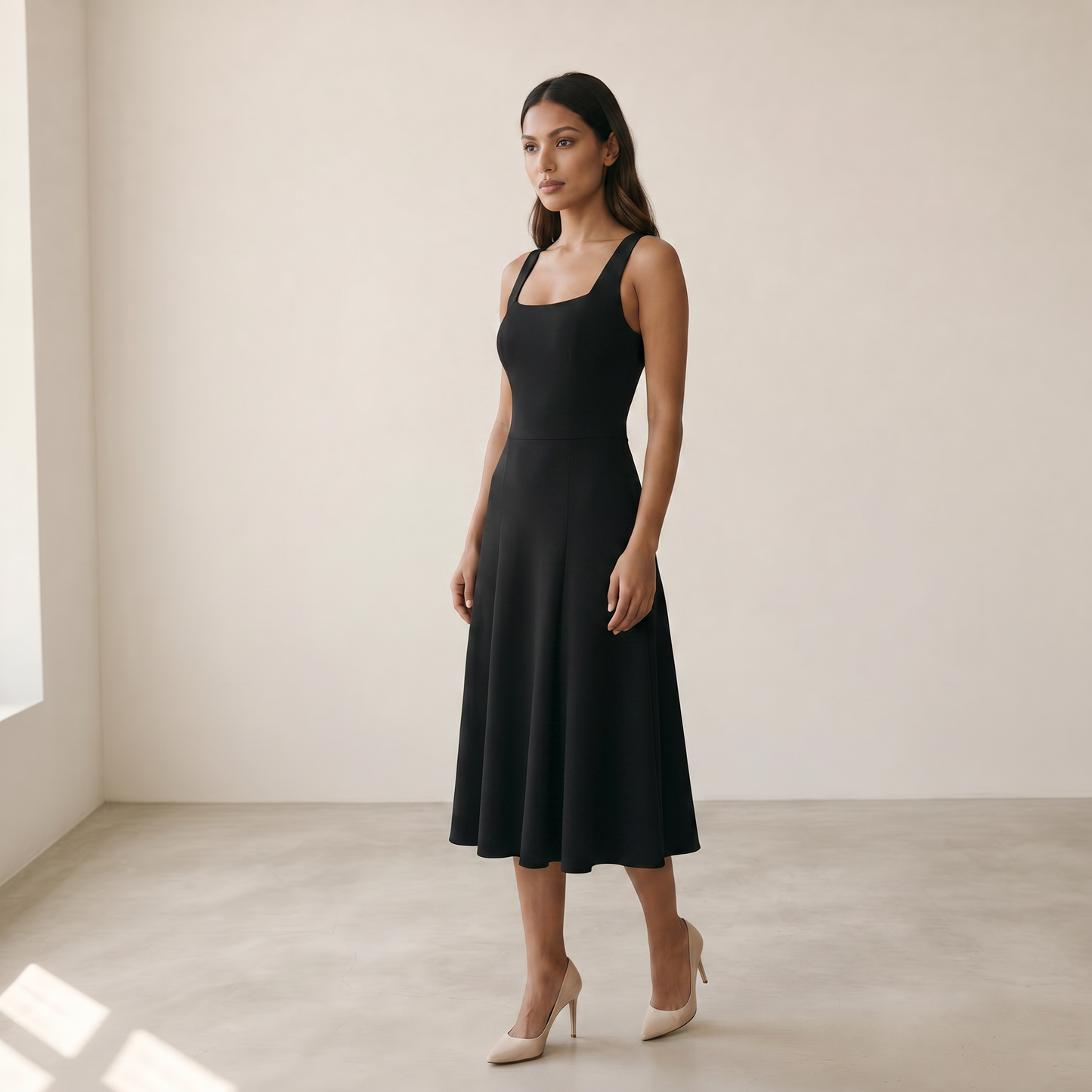 Women’s Midi Dress Square Neckline - 02 black model side