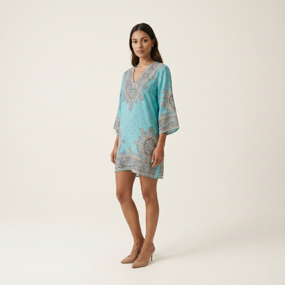 Women’s Summer Dress V-Neck Three-Quarter Sleeves - 02 blue model side