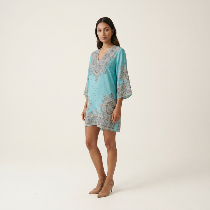 Women’s Summer Dress V-Neck Three-Quarter Sleeves - 02 blue model side