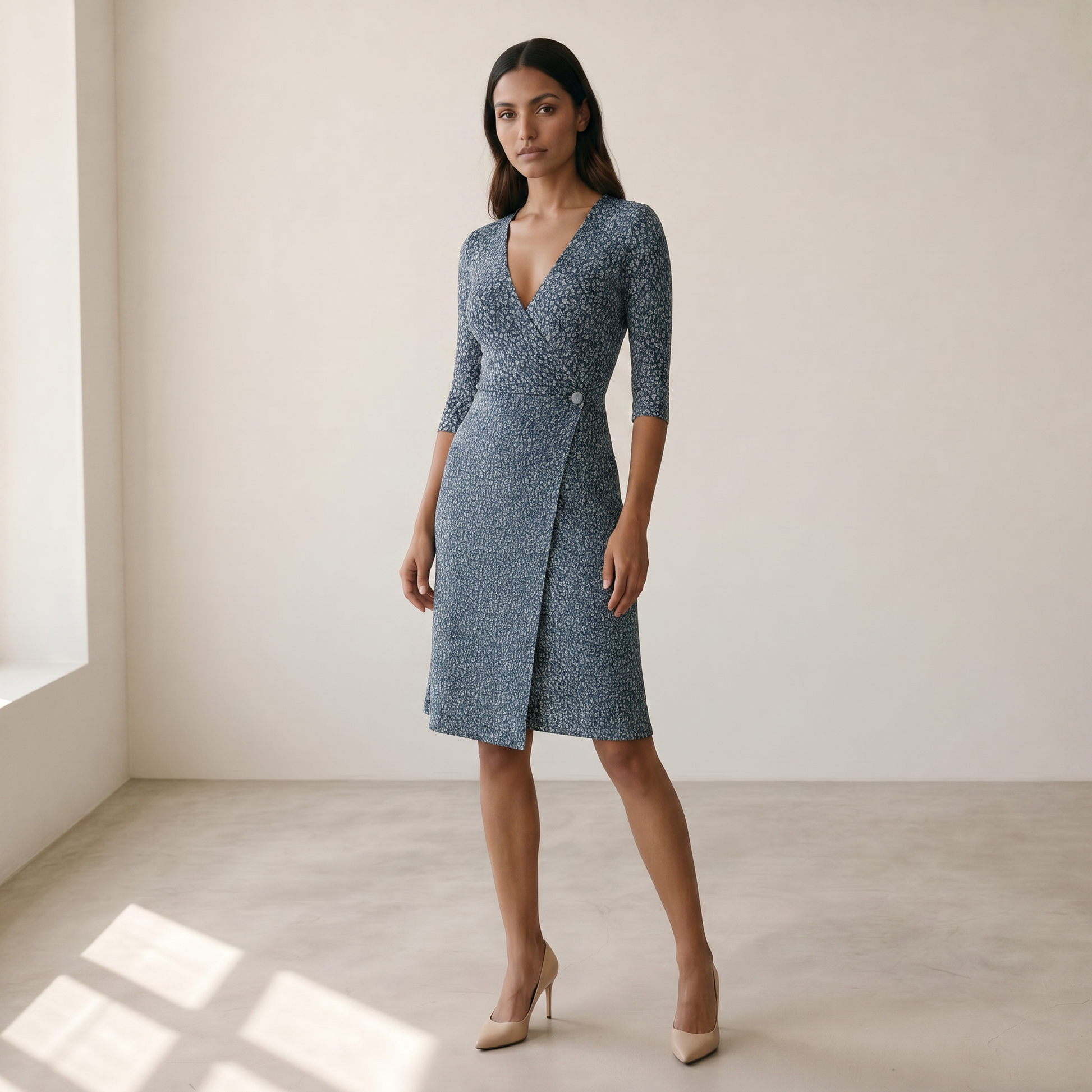 Women’s Dress Wrap V-Neck Floral - 02 blue model side