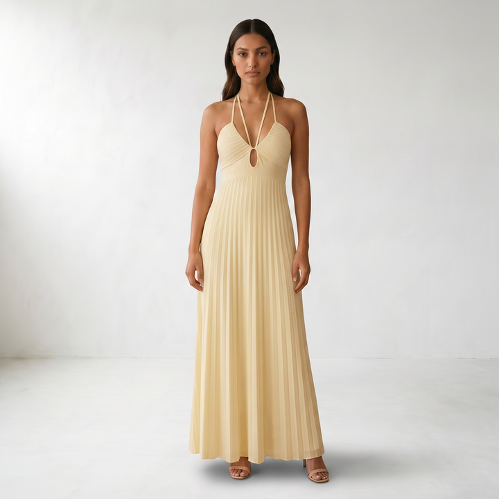 Pleated Halter Maxi Dress - Front model view - Light Canary