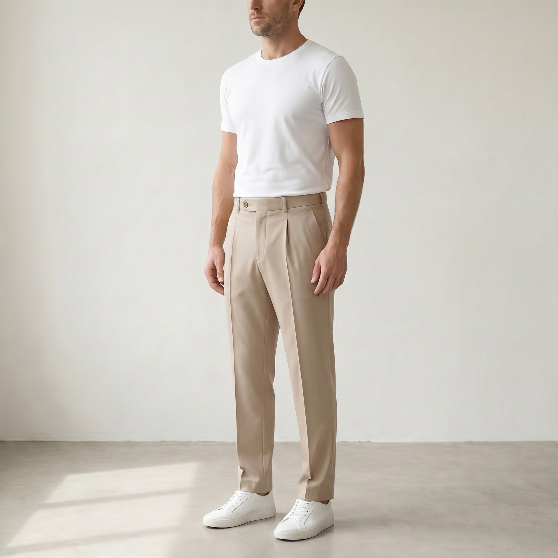 Men’s Tailored Fit Pleated Trousers - Side model view - Beige