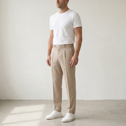 Men’s Tailored Fit Pleated Trousers - Side model view - Beige
