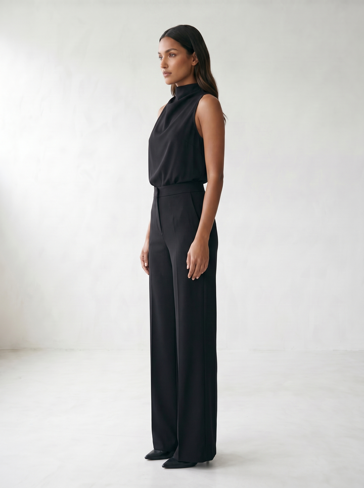 Saphirelle High Neck Wide-Leg Jumpsuit - model 02_model_side_black