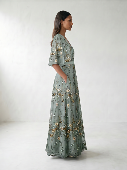 Jill Floral V-Neck Maxi Dress - model 02_model_side_blue