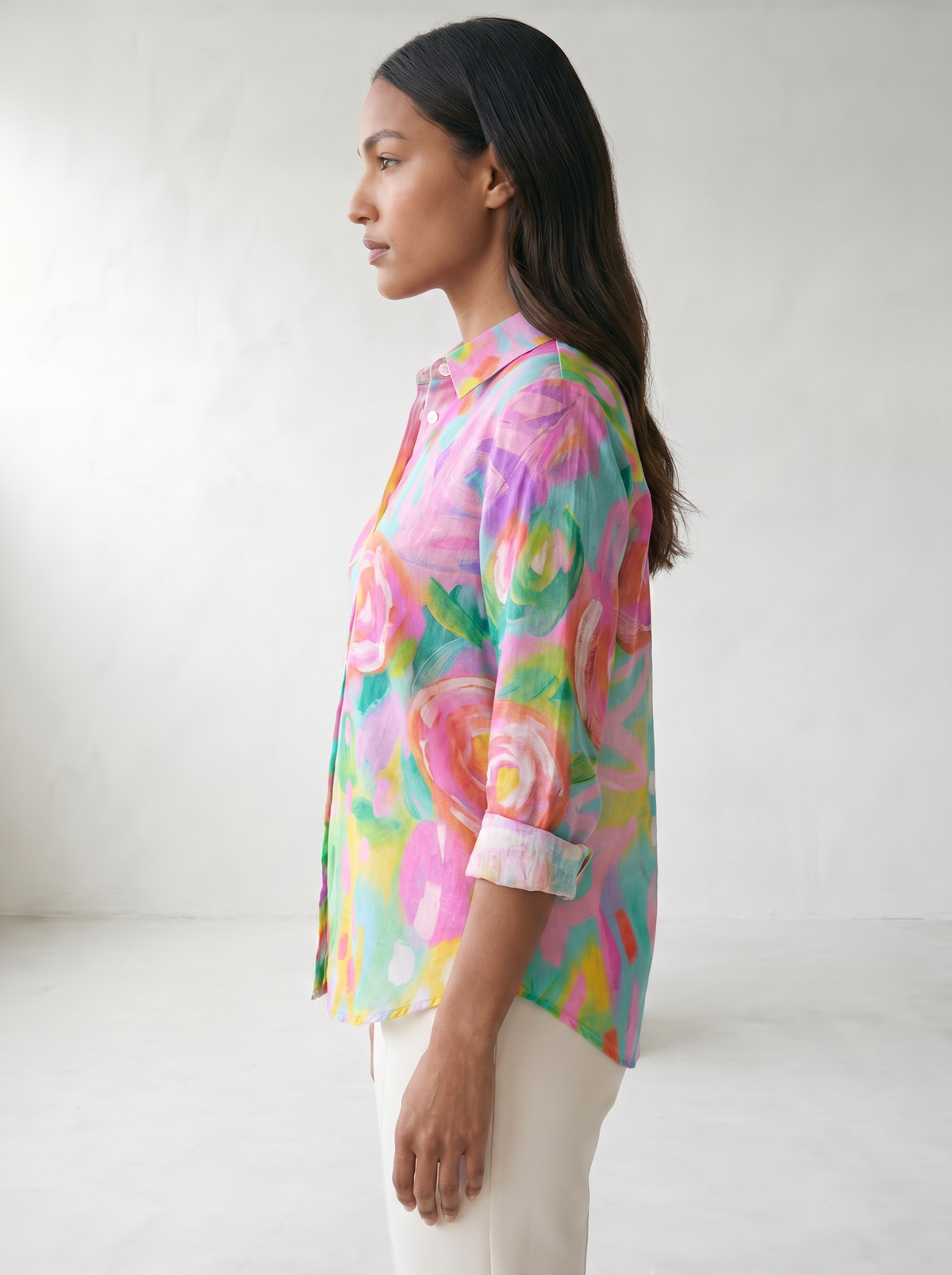Terri Printed Button-Up Blouse - model 02_model_side_pink