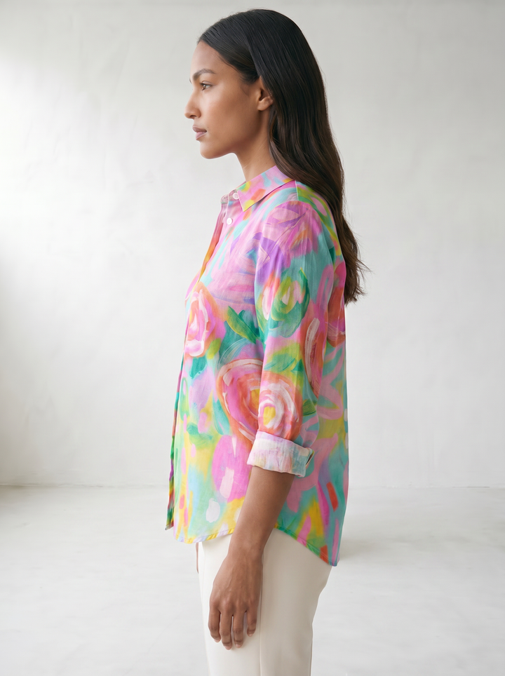 Terri Printed Button-Up Blouse - model 02_model_side_pink