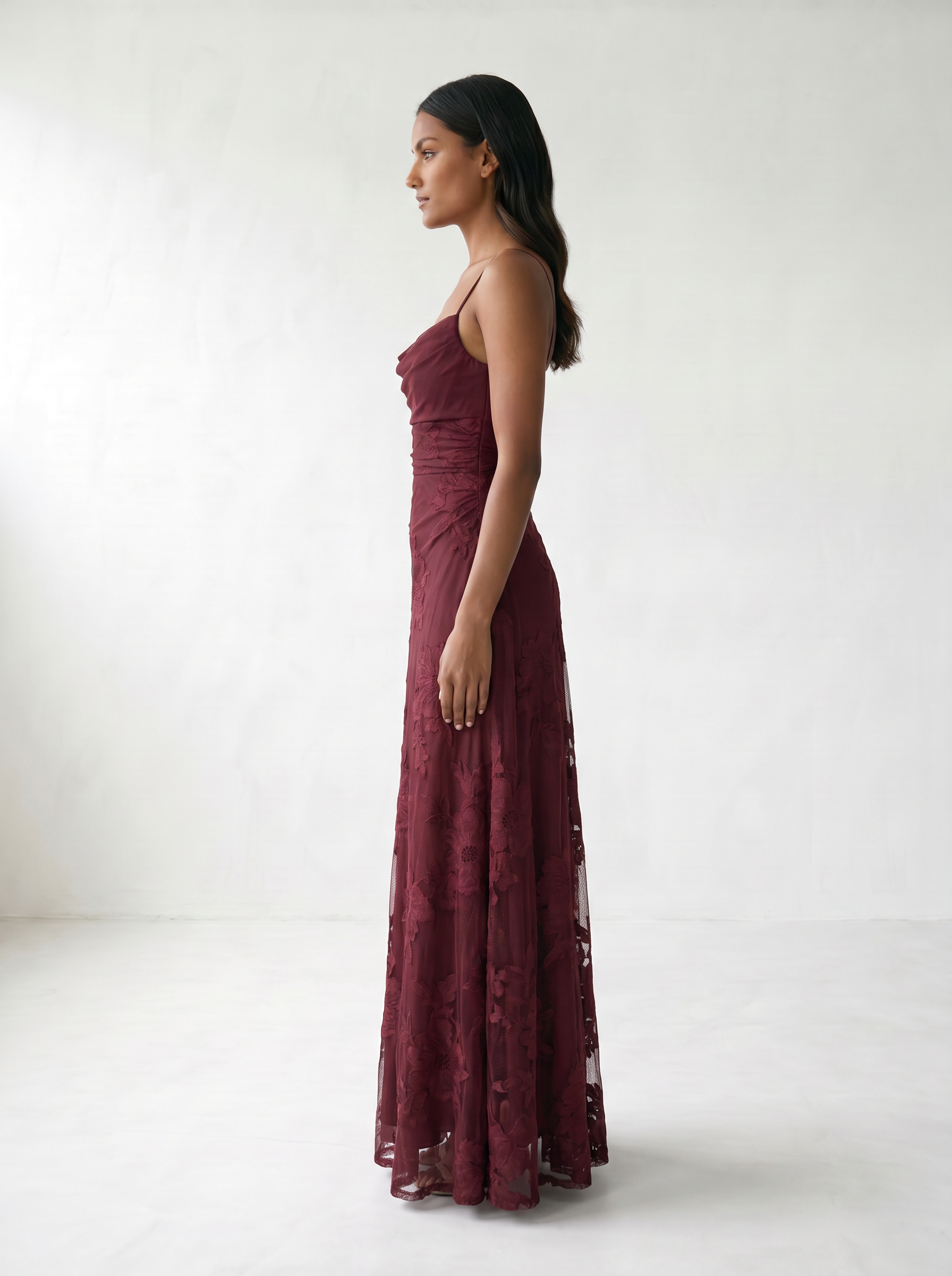 Rosalina Lace Cowl Neck Maxi Dress - model 02_model_side_red