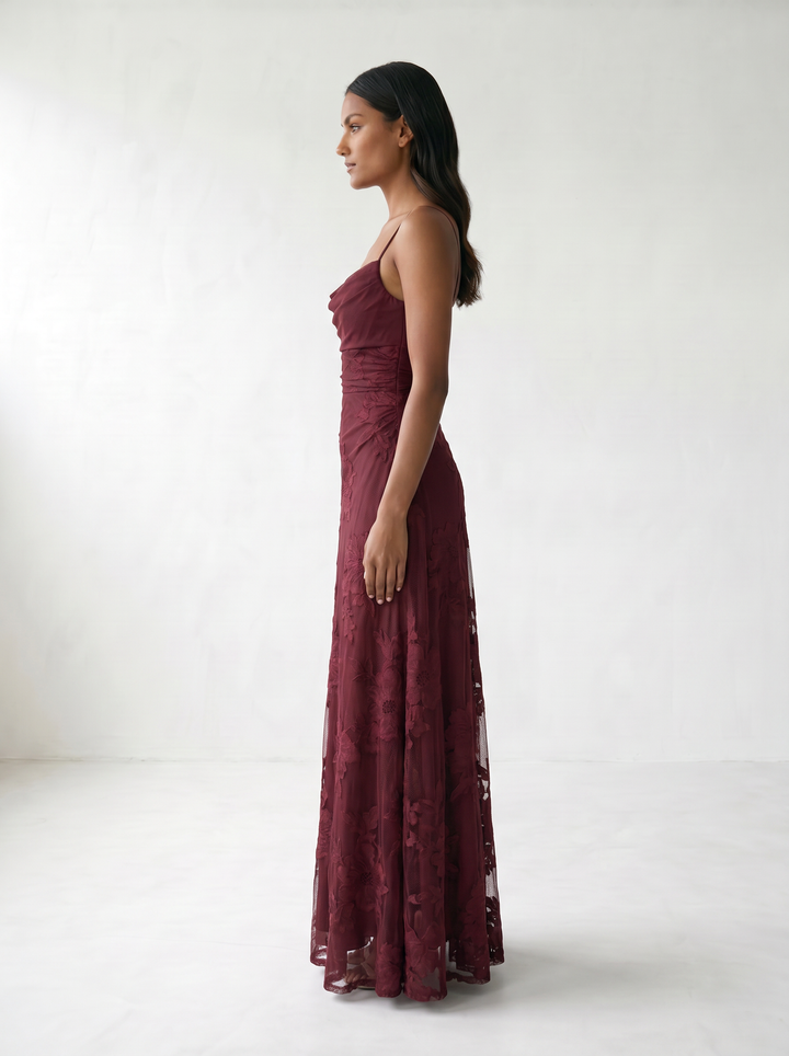 Rosalina Lace Cowl Neck Maxi Dress - model 02_model_side_red