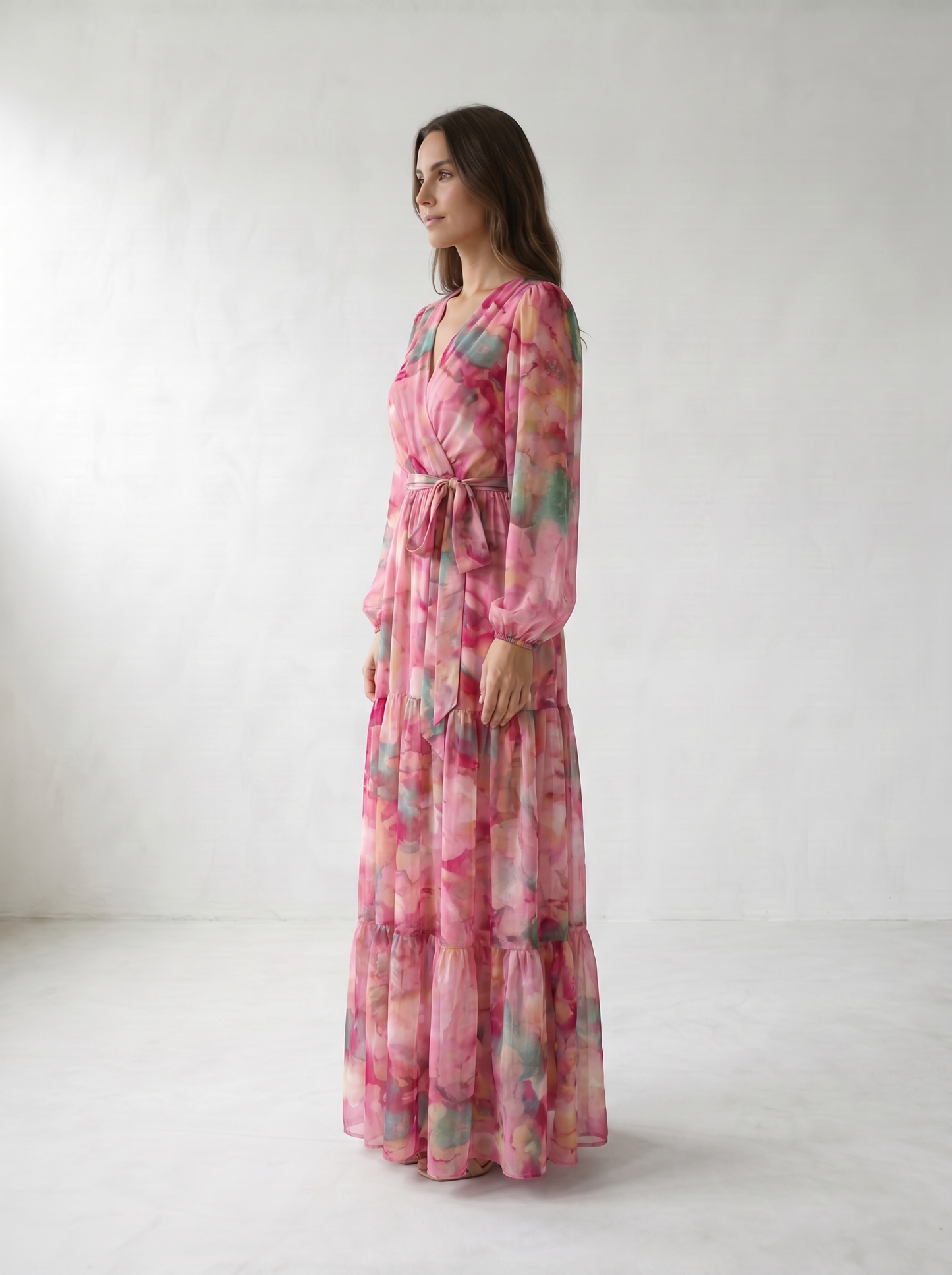 Isadora Watercolor Floral Wrap Maxi Dress - model 02_model_side_rose-red