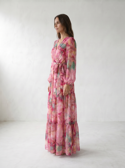Isadora Watercolor Floral Wrap Maxi Dress - model 02_model_side_rose-red
