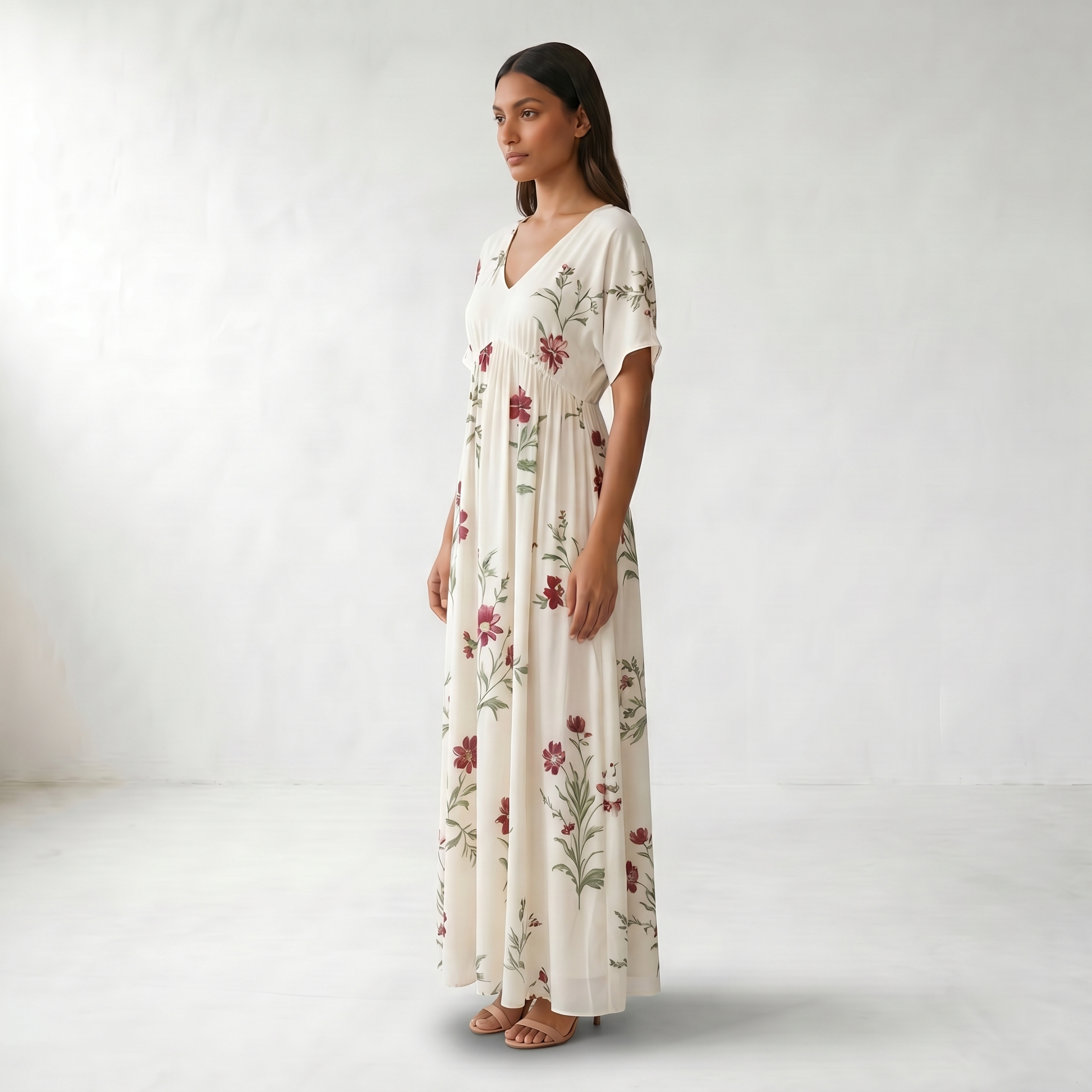Floral V-Neck Maxi Summer Dress - Side model view - White