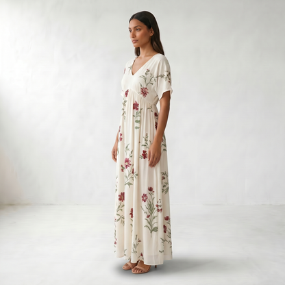 Floral V-Neck Maxi Summer Dress - Side model view - White