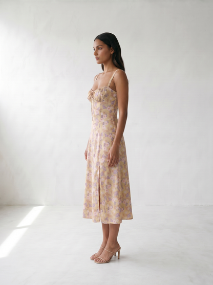 Valentina Floral Corsage Slit Midi Dress - model 02_model_side_yellow