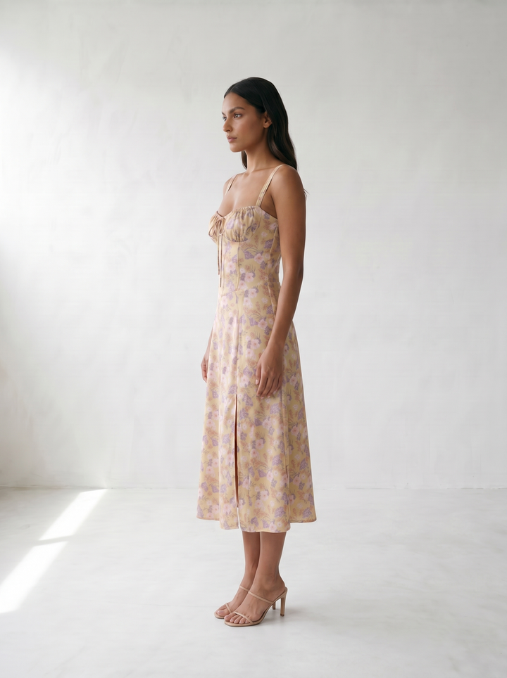 Valentina Floral Corsage Slit Midi Dress - model 02_model_side_yellow