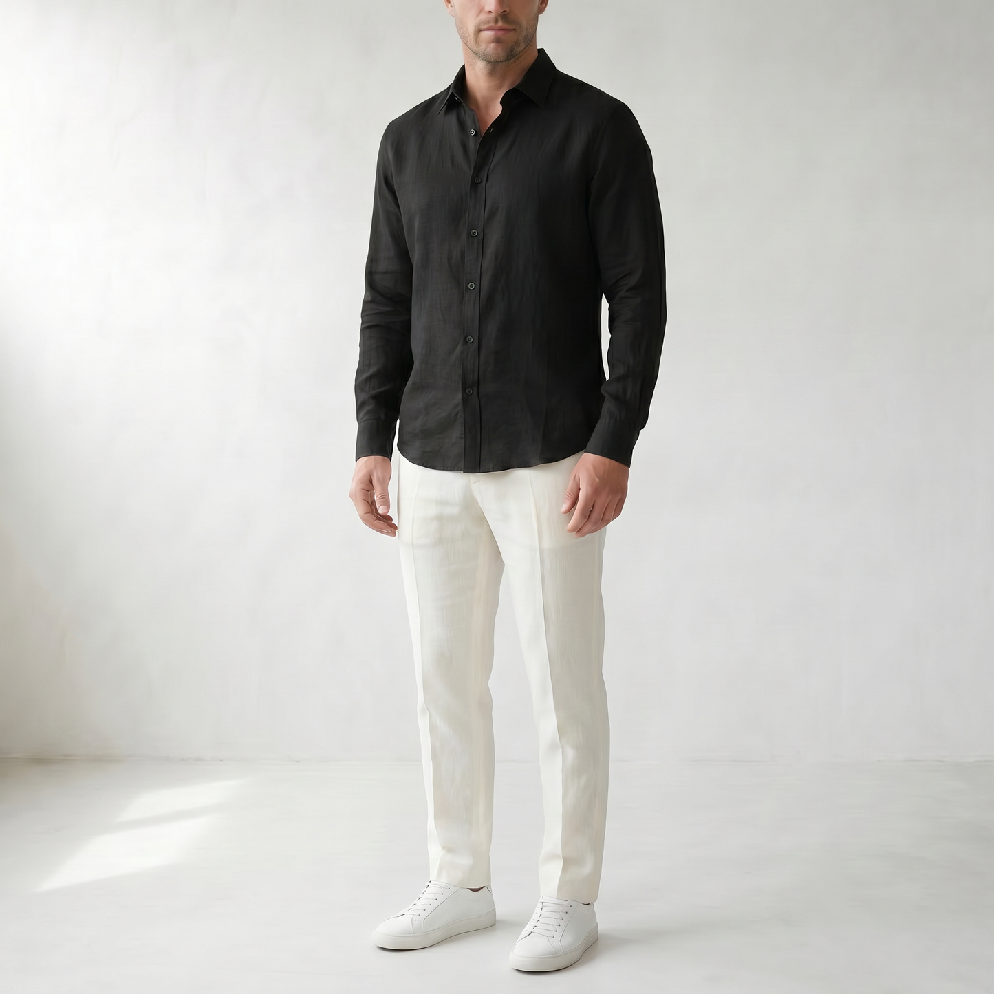 Sundrel Aden Linen Button-Down Shirt - 02 model three quarter black