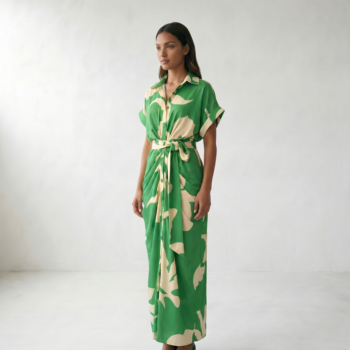 Addison Belted Abstract Maxi Shirt Dress - Green (Almost Sold Out)
