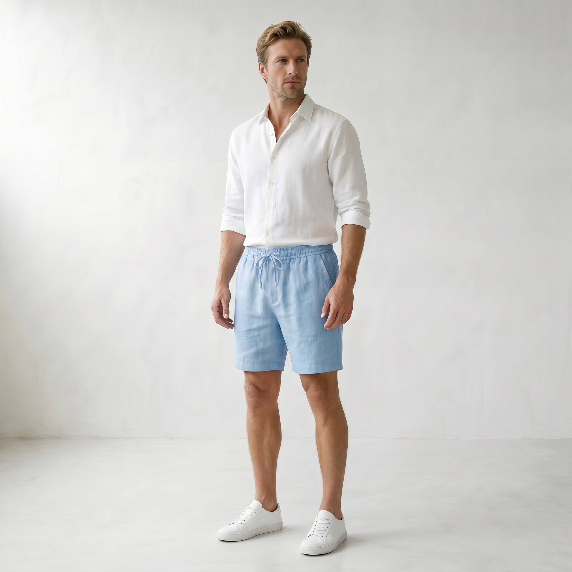 Sundrel Embry Linen Drawstring Shorts - 02 model three quarter light-blue