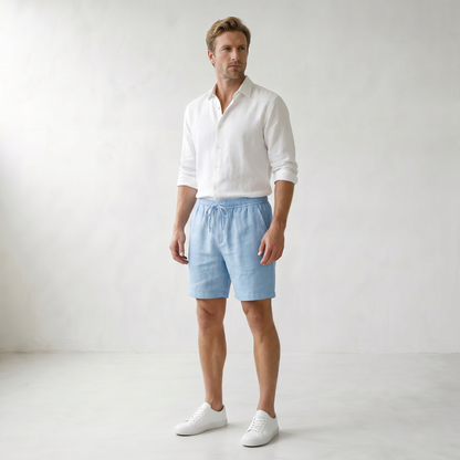 Sundrel Embry Linen Drawstring Shorts - 02 model three quarter light-blue