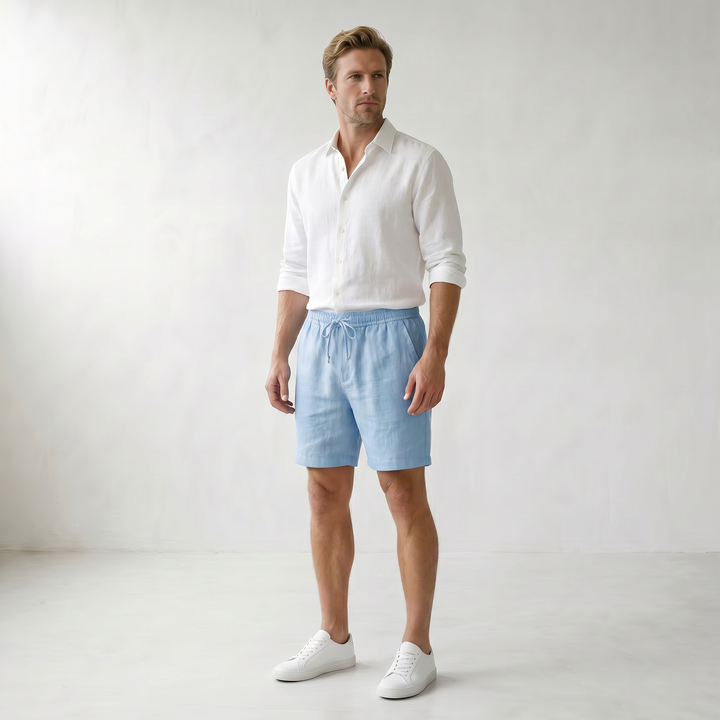 Sundrel Embry Linen Drawstring Shorts - 02 model three quarter light-blue