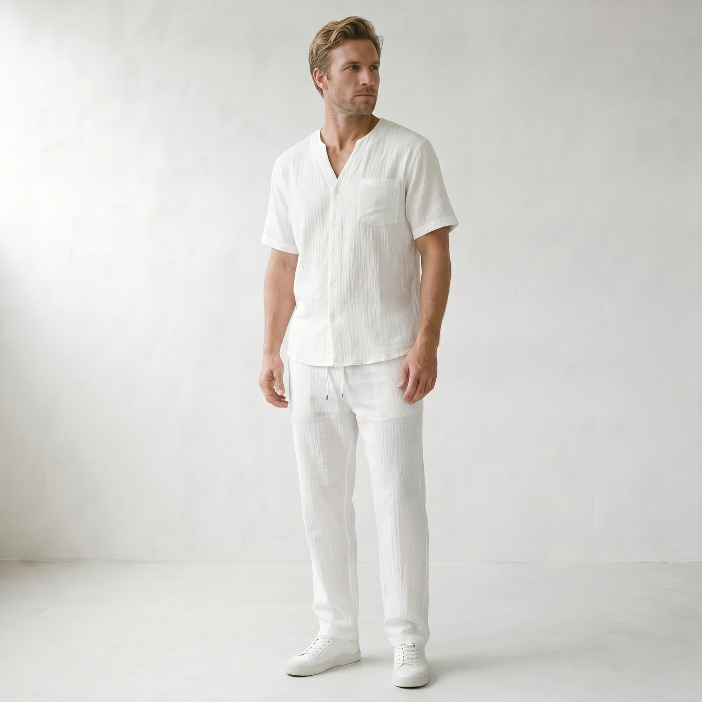 Sundrel Arnold Cotton-Linen Two-Piece Set - 02 model three quarter white