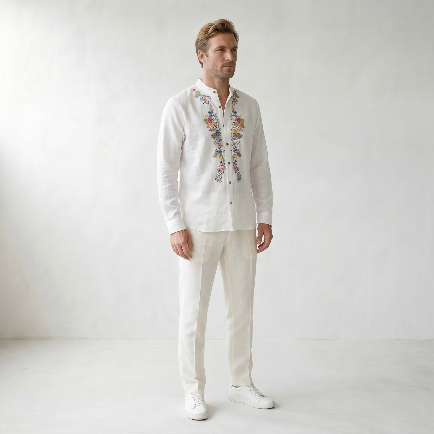 Sundrel Robert Embroidered Grandad Collar Linen Shirt - 02 model three quarter white