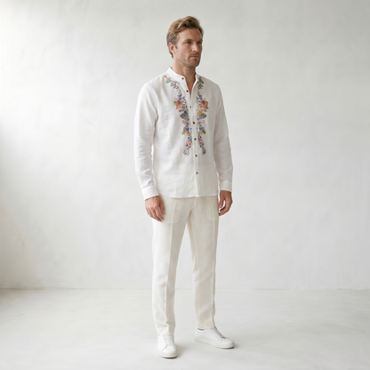 Sundrel Robert Embroidered Grandad Collar Linen Shirt - 02 model three quarter white
